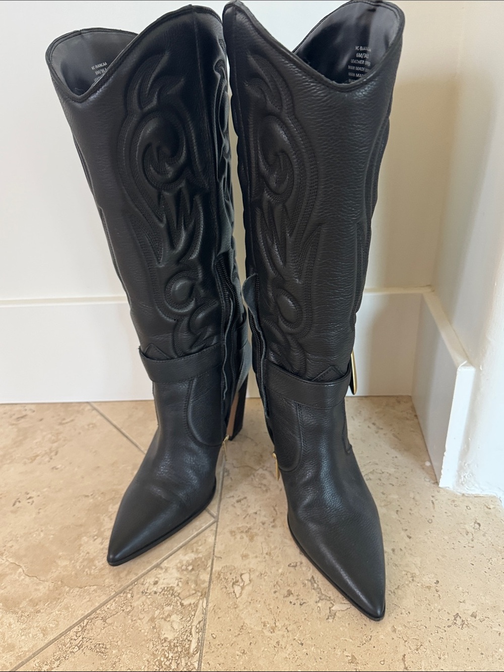 Vince Camuto Black Pointed-Toe Over-the-Knee Boots with Gold Buckle - Picture 6 of 6